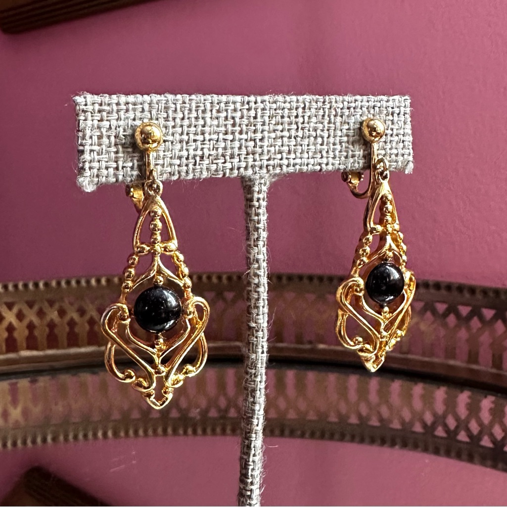 1970's Midnight Sky Coppernite Cabochon Golden Dangle Drop Earrings